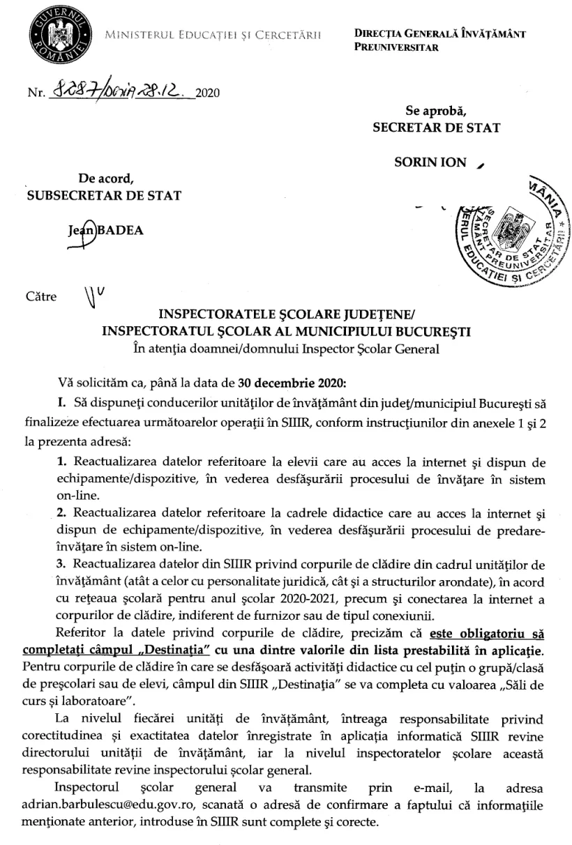 Toate școlile trebuie să raporteze Ministerului Educației, până pe 30 decembrie, câți elevi și profesori nu au dispozitive sau internet pentru acces la școala online