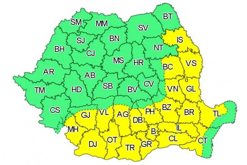 Cod galben de caniculă în 22 de județe. Temperaturi de până la 37 de grade Celsius și disconfort termic accentuat